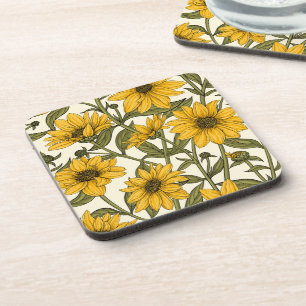 Sunroot, wild sunflower on off white beverage coaster