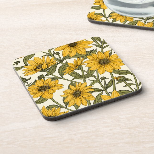 Sunroot, wild sunflower on off white beverage coaster (Left Side)