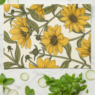 Sunroot, wild sunflower on off white kitchen towel