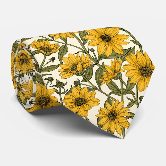 Sunroot, wild sunflower on off white neck tie (Rolled)