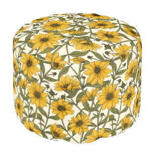 Sunroot, wild sunflower on off white pouf