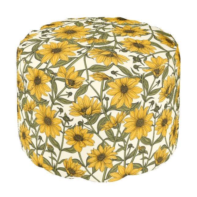Sunroot, wild sunflower on off white pouf (Angled Front)