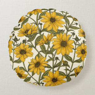Sunroot, wild sunflower on off white round pillow