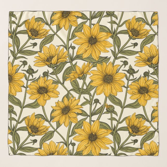Sunroot, wild sunflower on off white scarf (Front)