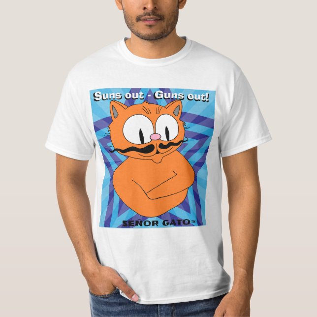 Suns out - Guns out! Cartoon Mustache Cat  T-Shirt (Front)
