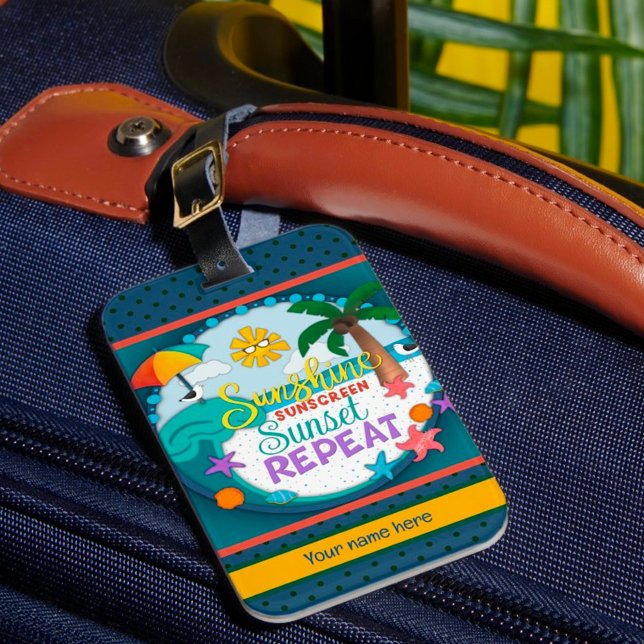 Sunscreen Travel Beach Palm Tree Sunset Luggage Tag (Creator Uploaded)