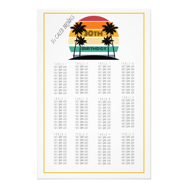 Sunset 30th Retro Stripe Seating Chart  Photo Print (Front)