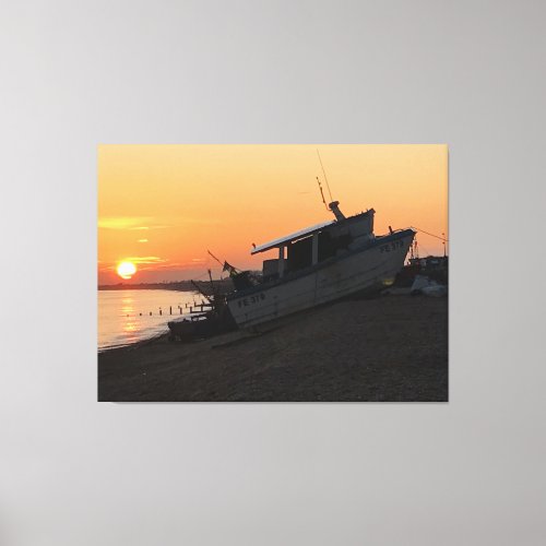 Sunset Across Hythe Bay Kent with Fishing Boat Canvas Print
