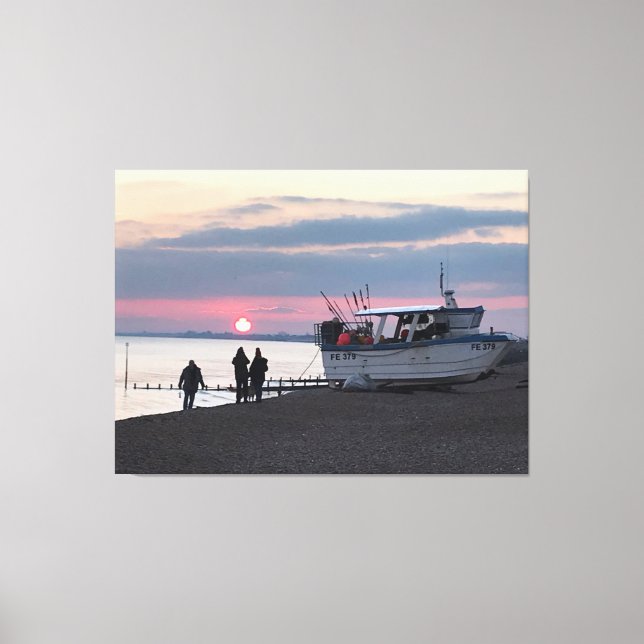 Sunset Across Hythe Bay Kent with Fishing Boats Canvas Print (Front)