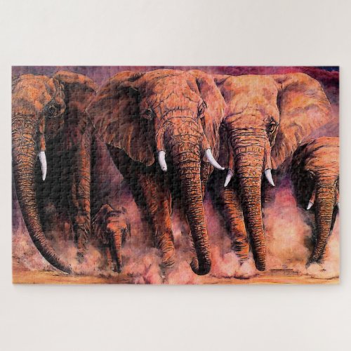 Sunset African elephants charging elephant herd Jigsaw Puzzle