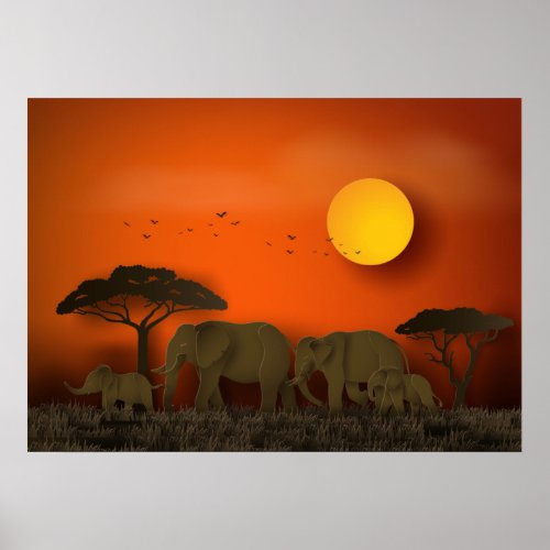 Sunset African savanna Elephants Poster