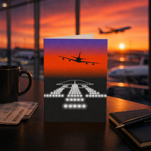 Sunset Airplane Approach Runway Lights Aviation  Card