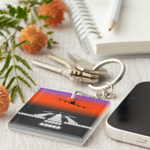 Sunset Airplane Approach Runway Lights Aviation  Keychain