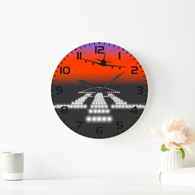 Sunset Airplane Approach Runway Lights Aviation  Large Clock (Creator Uploaded)