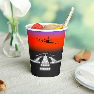 Sunset Airplane Approach Runway Lights Aviation Paper Cups