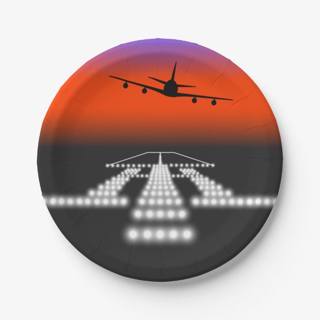 Sunset Airplane Approach Runway Lights Aviation  Paper Plates (Front)