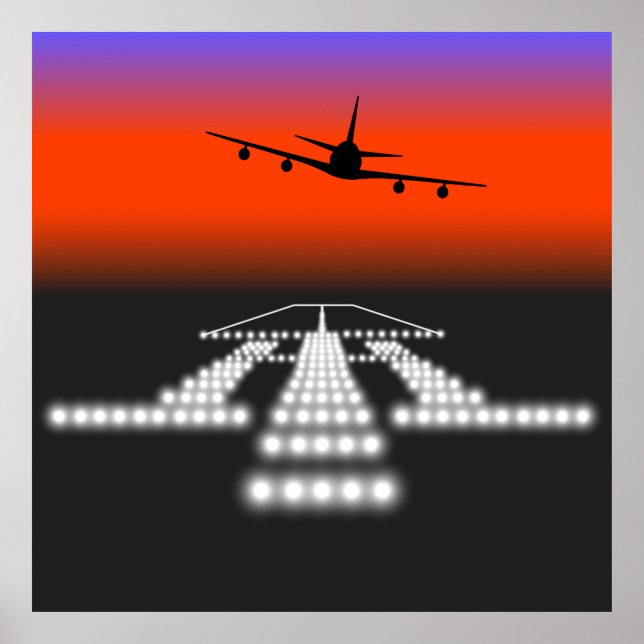 Sunset Airplane Approach Runway Lights Aviation  Poster (Front)