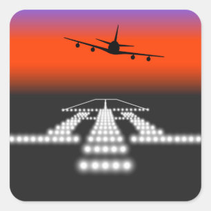 Sunset Airplane Approach Runway Lights Aviation Square Sticker