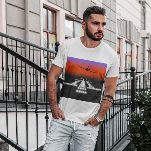 Sunset Airplane Approach Runway Lights Aviation  T-Shirt