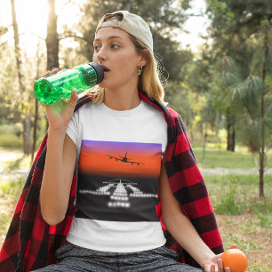 Sunset Airplane Approach Runway Lights Aviation T-Shirt