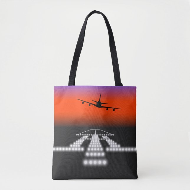 Sunset Airplane Approach Runway Lights Aviation  Tote Bag (Front)