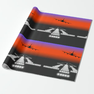 Sunset Airplane Approach Runway Lights Aviation  Wrapping Paper