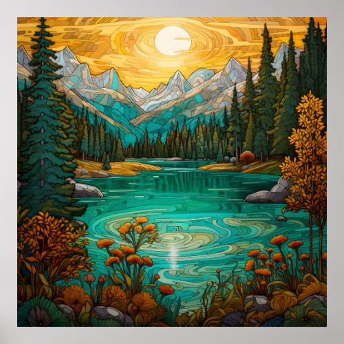 Sunset Alpine Lake Beauty With Forest Mountain  Poster