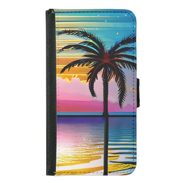 Sunset and Palm Trees Silhouettes Ocean Waves Samsung Galaxy Wallet Case (Front)