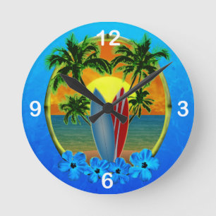 Sunset And Surfboards Round Clock