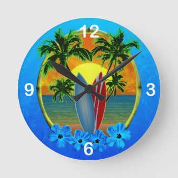 Sunset And Surfboards Round Clock by BailOutIsland at Zazzle