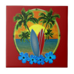 Sunset And Surfboards Tile<br><div class="desc">Beautiful beach sunset behind surfboards and palm trees,  framed with bamboo and hibiscus flowers.</div>