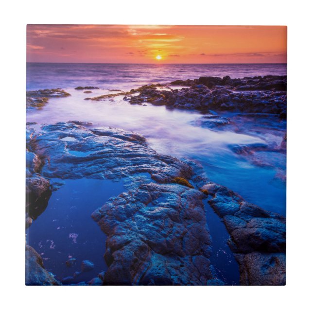 Sunset And Tide Pool In Hawaii Ceramic Tile (Front)