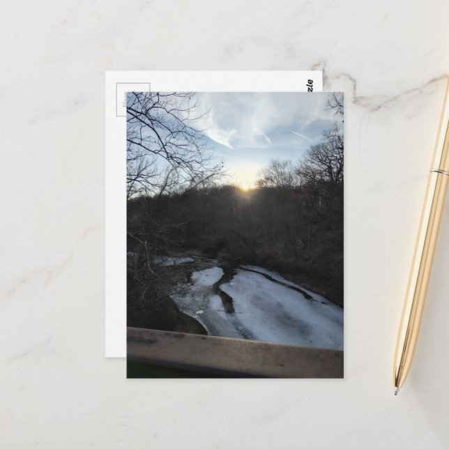 Sunset at a frozen stream in Burlington Iowa woods Postcard (Front/Back In Situ)