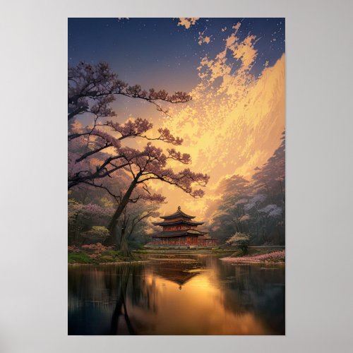 Sunset at an Old Wooden Temple Poster