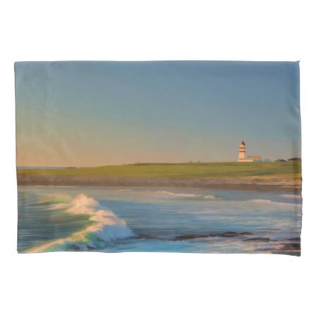 Sunset At Bay Lighthouse With Ocean Waves Evening Pillow Case