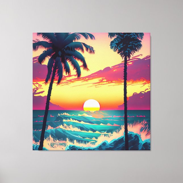 Sunset at beach with Palm trees Painting Canvas Print (Front)