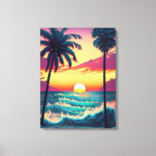 Sunset at beach with Palm trees Painting Canvas Print