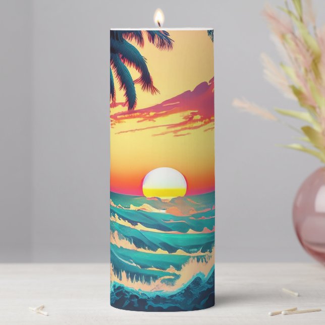Sunset at beach with Palm trees Painting Pillar Candle (In Situ)