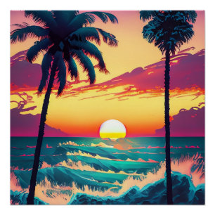 Sunset at beach with Palm trees Painting Poster