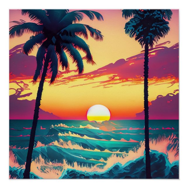 Sunset at beach with Palm trees Painting Poster (Front)
