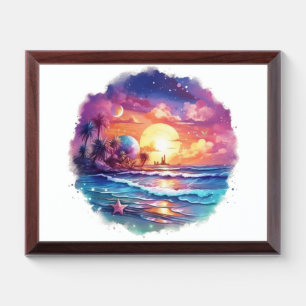 sunset at beach with water colour  award plaque