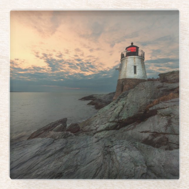 Sunset At Castle Hill Lighthouse Glass Coaster (Front)