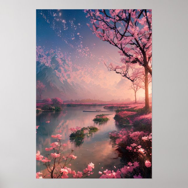 Sunset at Cherry Blossom Lake Poster (Front)