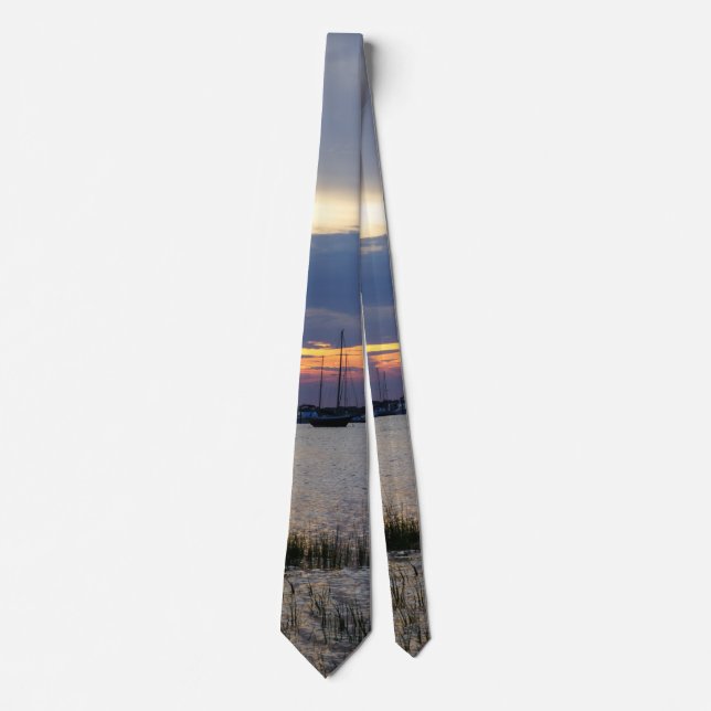 Sunset At Folly Harbor Neck Tie (Front)