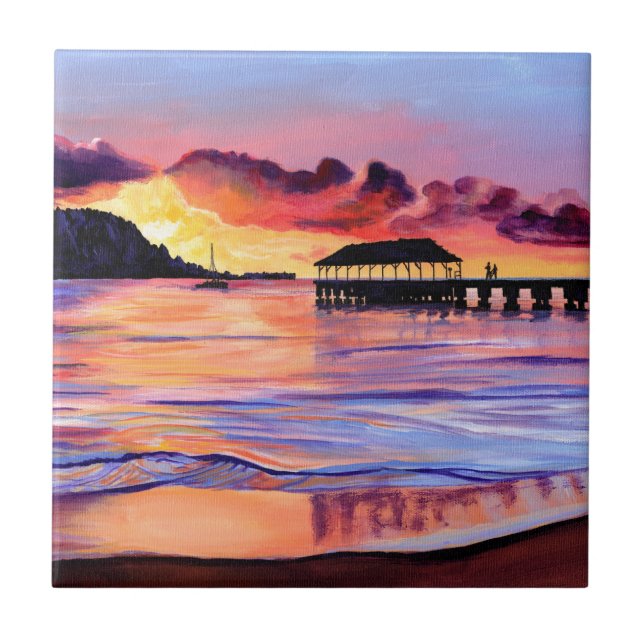 Sunset at Hanalei Pier Ceramic Tile (Front)