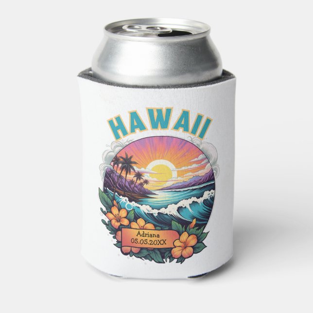 Sunset at Hawaii Beach Mountains Tropical Plumeria Can Cooler (Can Back)