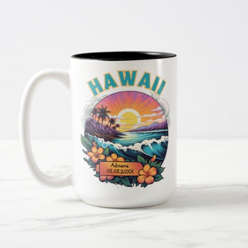 Sunset at Hawaii Beach Mountains Tropical Plumeria Two_Tone Coffee Mug