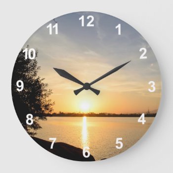 Sunset At Lake Large Clock by HighSkyPhotoWorks at Zazzle