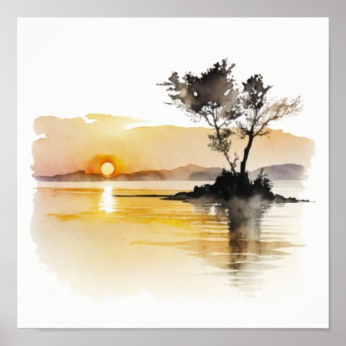 Sunset at Lake Minimalist Watercolor Poster