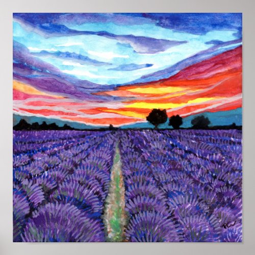 Sunset at Lavender Field Poster